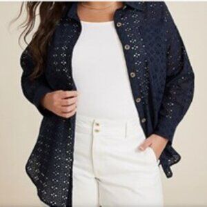 NWT Maurices Plus Size 2XL Shirt Jacket Blue Eyelet Long Sleeves Shacket